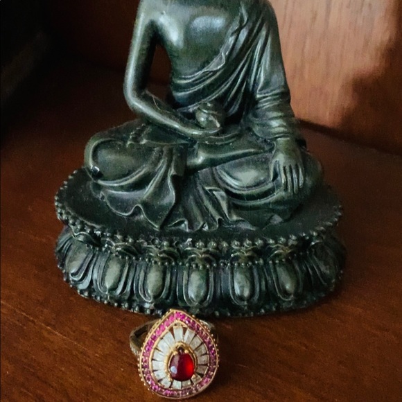 Teardrop Ruby Topaz & Crystal Baguettes Oval Cocktail Accent Ring Size 8 - Picture 7 of 11